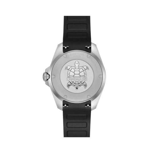 Certina DS-X GMT C047.452.17.081.01 herreklokke med grå skive, sort gummirem, kasse i stål og GMT-funksjon.