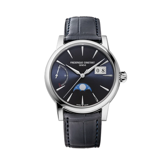 Frederique Constant Classic Power Reserve Big Date Manufacture pent herreur med månefase, gangreserveindikator og dato på skiven.