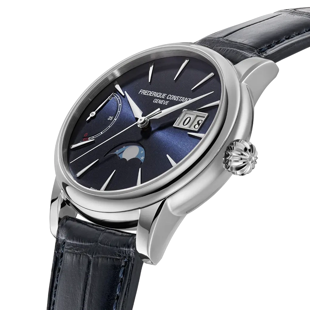 Frederique Constant Classic Power Reserve Big Date Manufacture pent herreur med månefase, gangreserveindikator og dato på skiven.