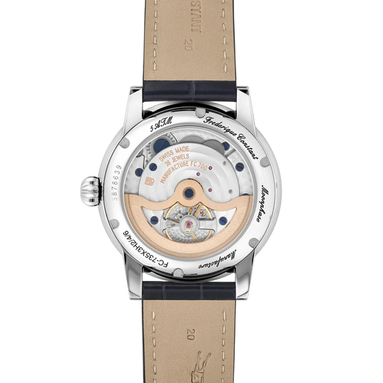 Frederique Constant Classic Power Reserve Big Date Manufacture pent herreur med månefase, gangreserveindikator og dato på skiven.