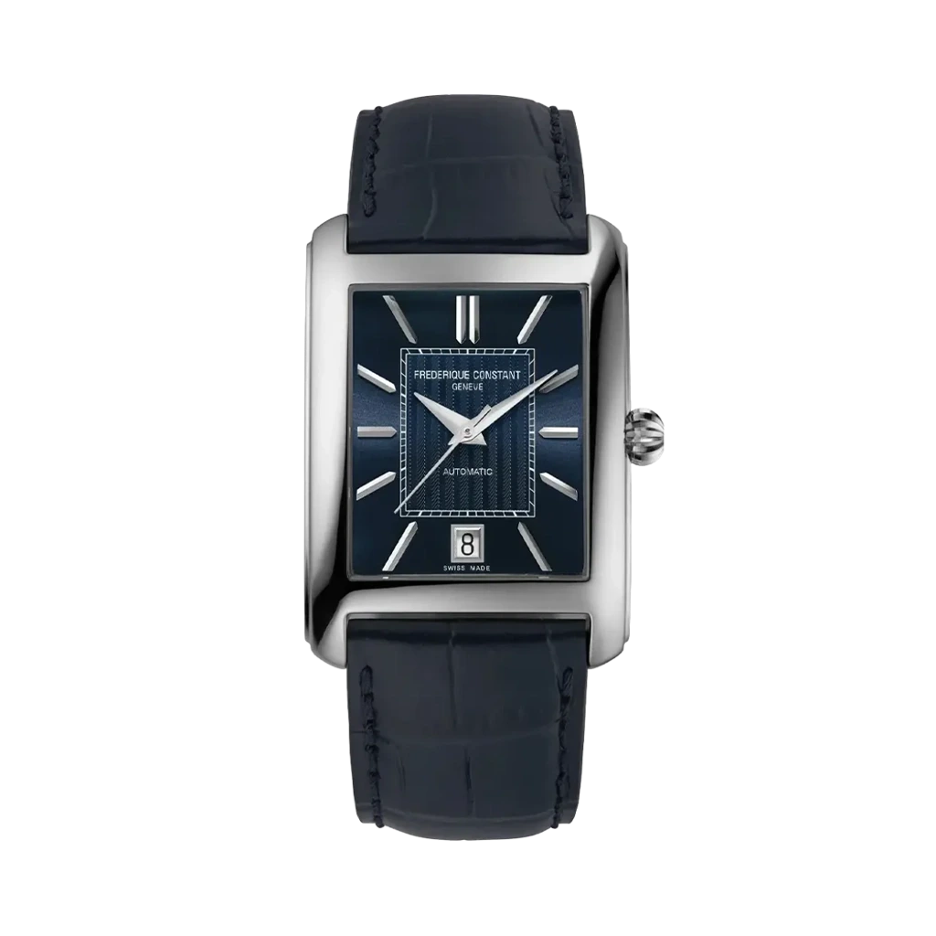 Frederique Constant automatisk rektangulær herreklokke i stål med skinnrem