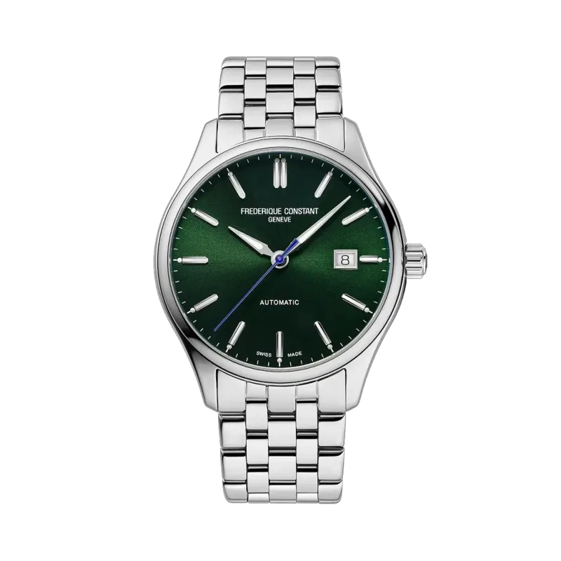 Frederique Constant Classics Index Automatic herreklokke med grønn skive, kasse og lenke i stål. 