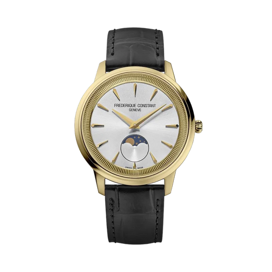 Frederique Constant Classics Moneta har en gullfarget kasse, sølvfarget skive, sort skinnrem og quartzverk.