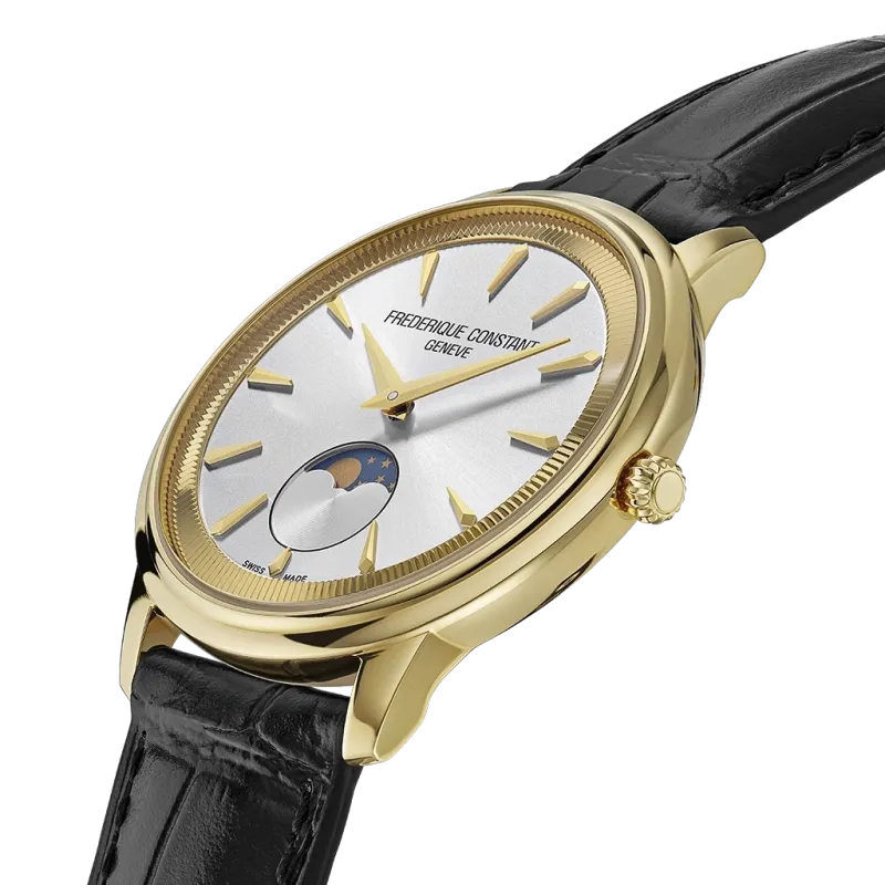 Frederique Constant Classics Moneta har en gullfarget kasse, sølvfarget skive, sort skinnrem og quartzverk.