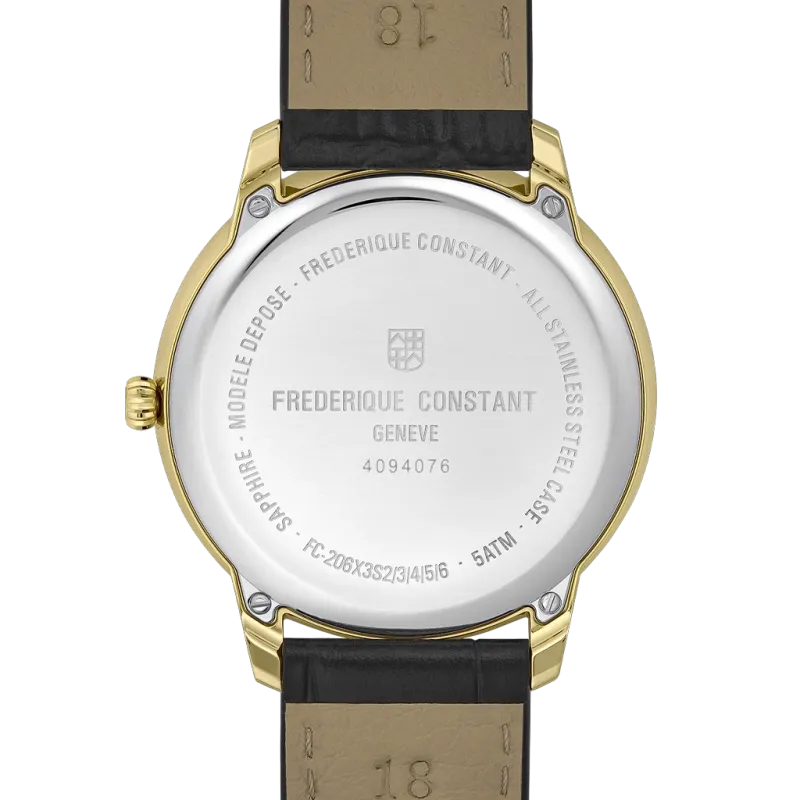 Frederique Constant Classics Moneta har en gullfarget kasse, sølvfarget skive, sort skinnrem og quartzverk.