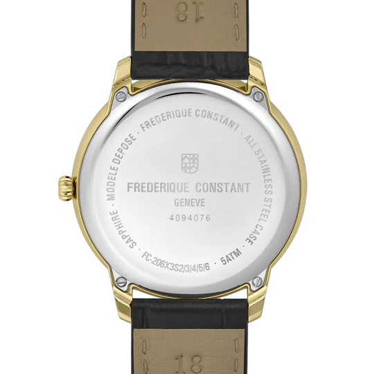 Frederique Constant Classics Moneta har en gullfarget kasse, sølvfarget skive, sort skinnrem og quartzverk.