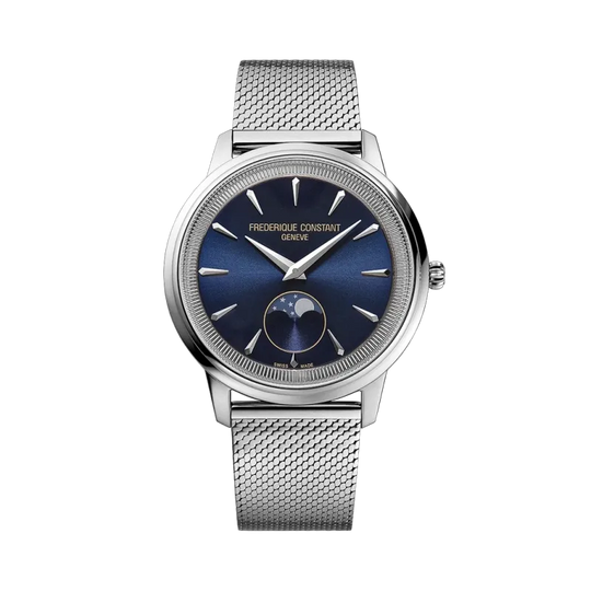 Frederique Constant Classics Moneta herreklokke på 37 mm med blå skive, lenke og quartzverk.