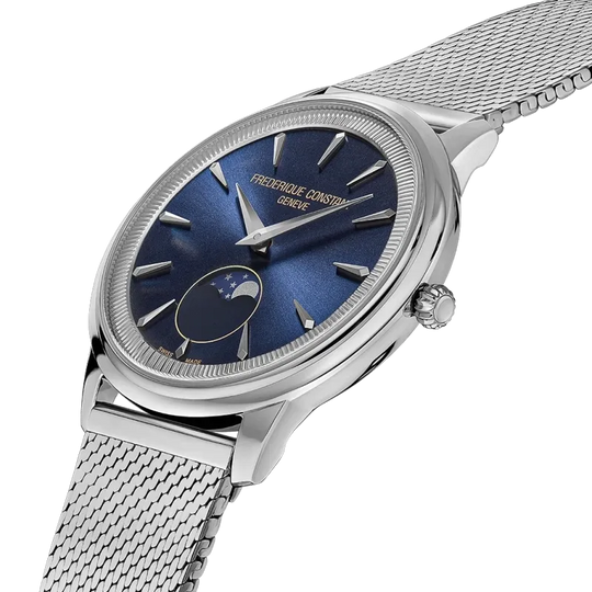 Frederique Constant Classics Moneta herreklokke på 37 mm med blå skive, lenke og quartzverk.
