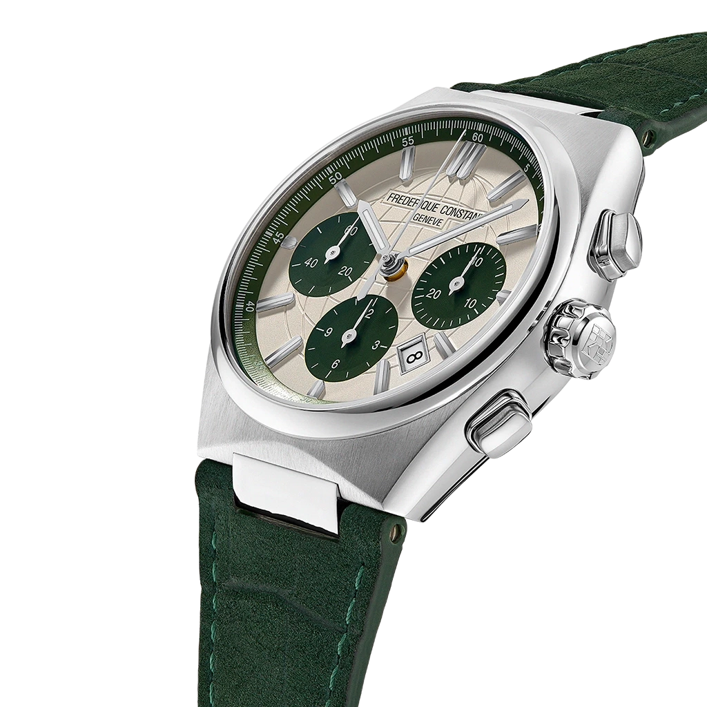 Frederique Constant Highlife Chronograph FC-391SGR4NH6 limitert herreklokke på 41 mm med grønn chronograph og kommer med skinnrem og lenke.