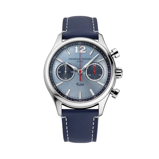 Frederique Contant Healey herreklokke med blå skive og chronograph. Automatisk verk og skinnrem.