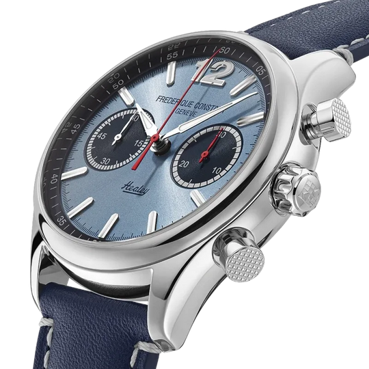 Frederique Contant Healey herreklokke med blå skive og chronograph. Automatisk verk og skinnrem.