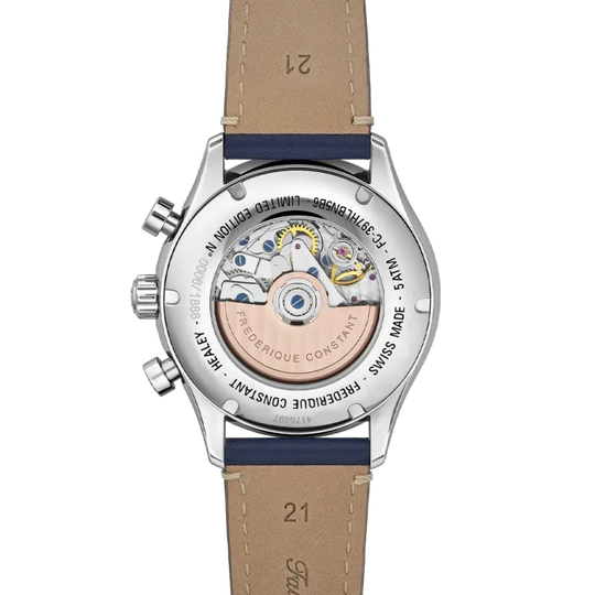 Frederique Contant Healey herreklokke med blå skive og chronograph. Automatisk verk og skinnrem.