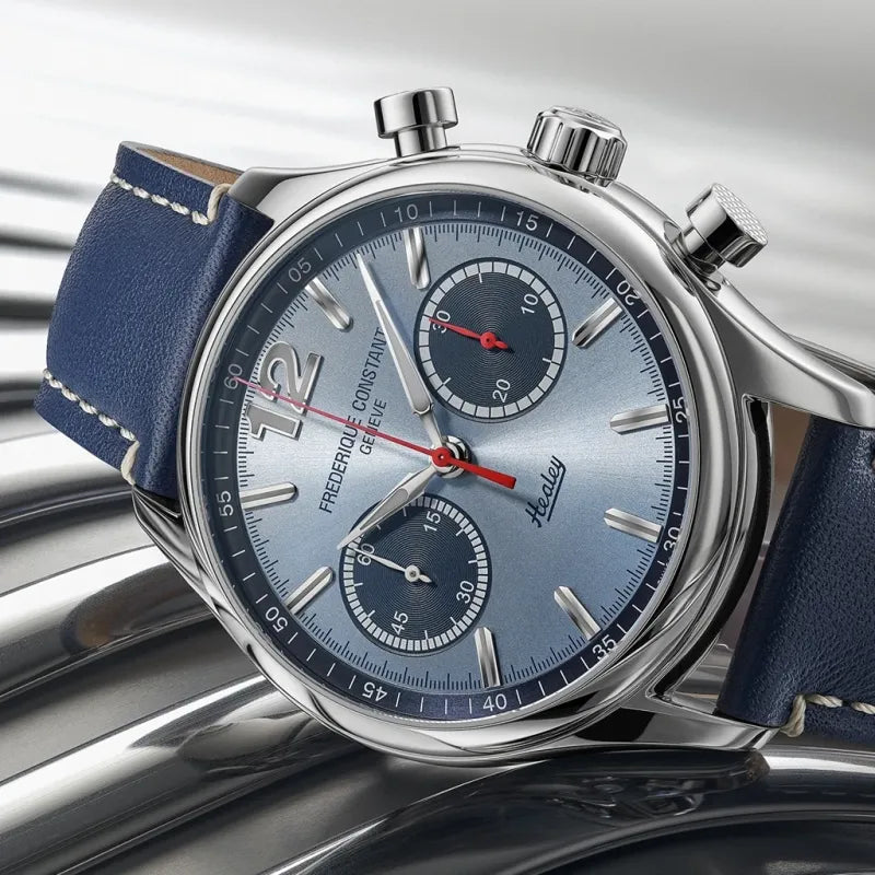 Frederique Contant Healey herreklokke med blå skive og chronograph. Automatisk verk og skinnrem.