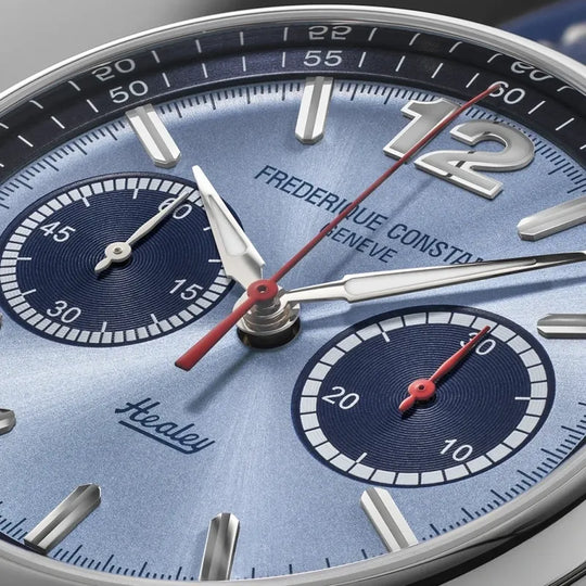 Frederique Contant Healey herreklokke med blå skive og chronograph. Automatisk verk og skinnrem.