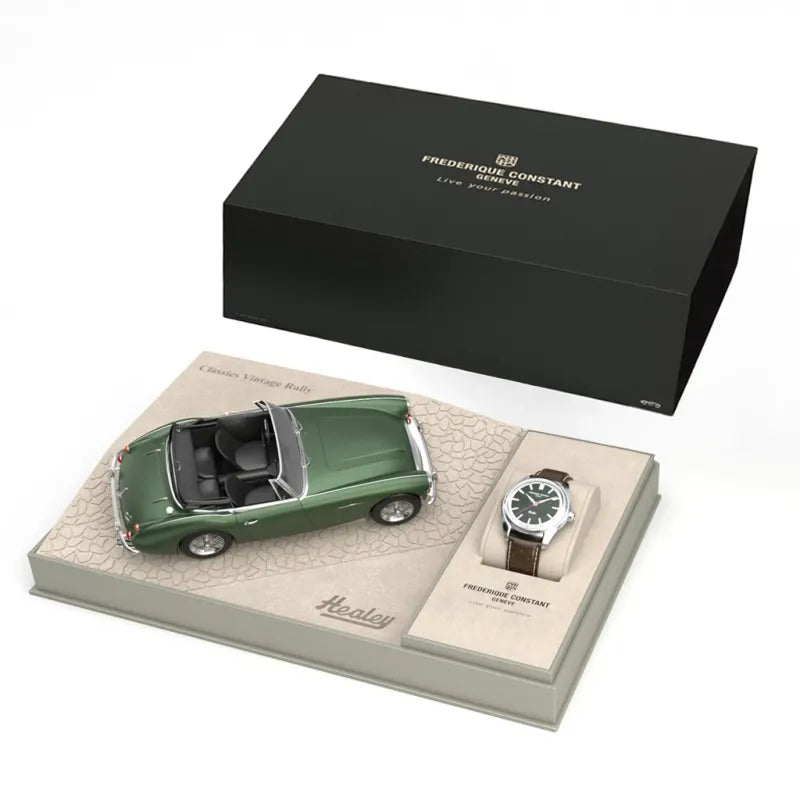 Frederique Contant Healey herreklokke med blå skive og chronograph. Automatisk verk og skinnrem.