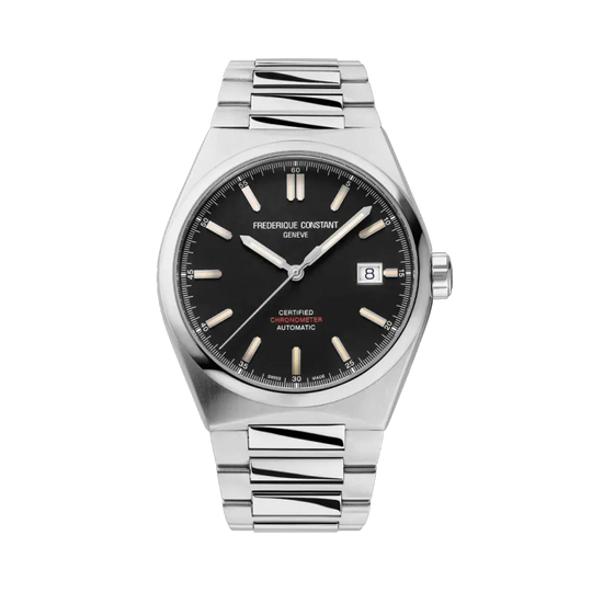 Frederique Constant Highlife COSC med autoamtisk verk, sort skive og kasse og lenke i stål. 