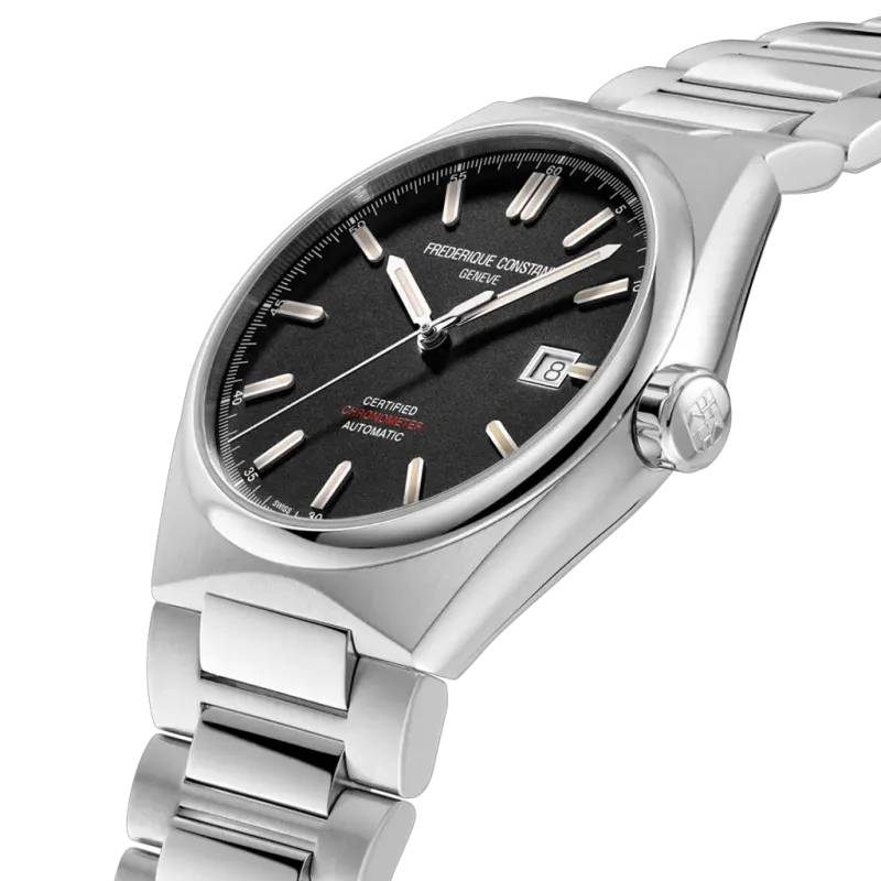 Frederique Constant Highlife COSC med autoamtisk verk, sort skive og kasse og lenke i stål. 