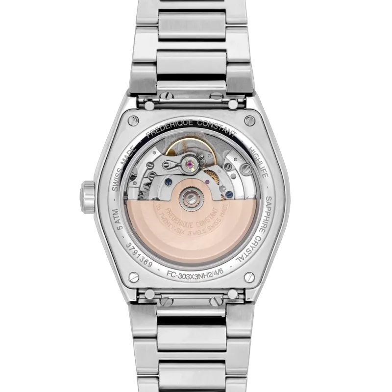 Frederique Constant Highlife COSC med autoamtisk verk, sort skive og kasse og lenke i stål. 