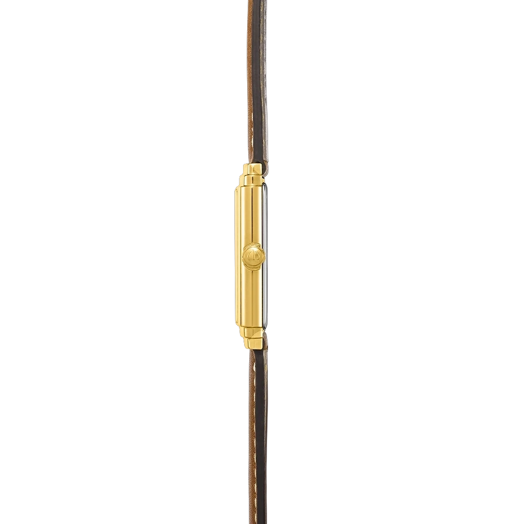 Herbelin Art Deco 1925's herreklokke med gullfarget kasse, sølvfarget skive, brun skinnrem og quartzverk. 