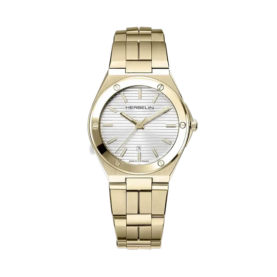 Herbelin Cap Camarat 14545BP1N11 er en gullfarget dameklokke i stål med sølvfarge tallskive, lenke og quartzverk.