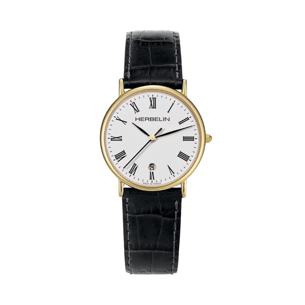 Herbelin Classique dameklokke med hvit skive, romertall, gullfarget kasse, skinnrem og quartzverk.