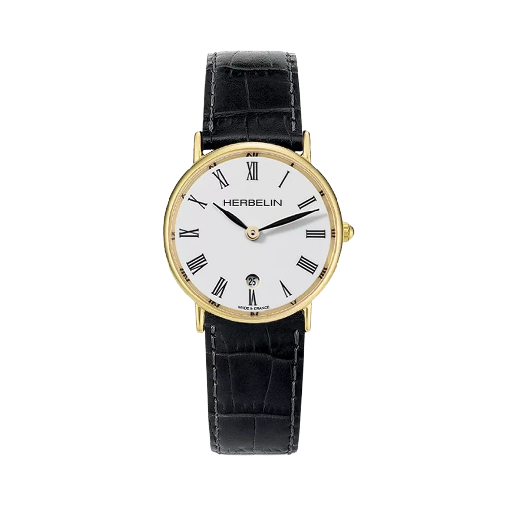 Herbelin Classique 16845P01 er en dameklokke med quartzverk, hvit skive med romertall og sort skinnrem.