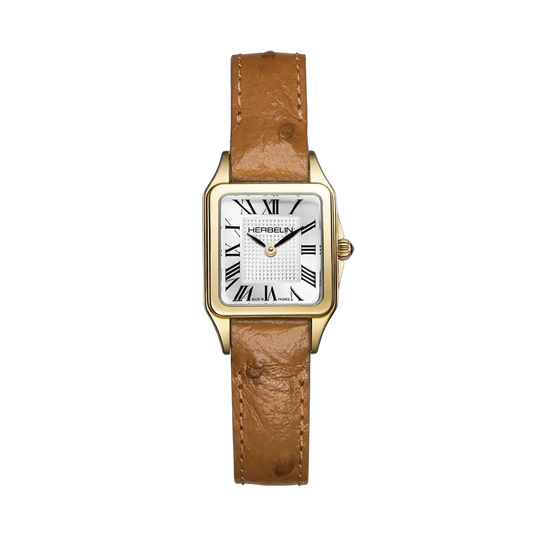 Herbelin Luna Mini dameur i gullfarget stål med brun skinnrem, sølvfarget skive og quartzverk.