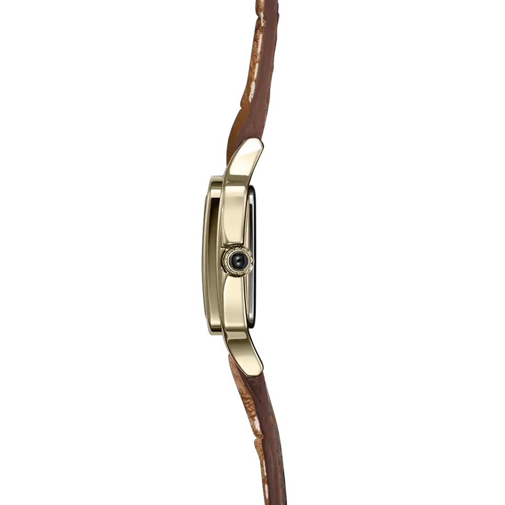 Herbelin Luna Mini dameur i gullfarget stål med brun skinnrem, sølvfarget skive og quartzverk.