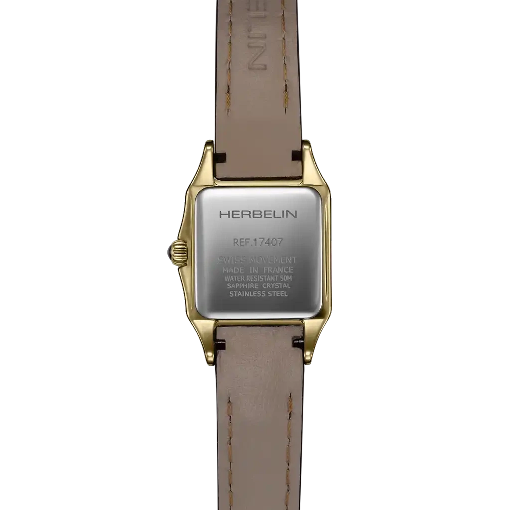 Herbelin Luna Mini dameur i gullfarget stål med brun skinnrem, sølvfarget skive og quartzverk.