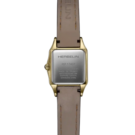Herbelin Luna Mini dameur i gullfarget stål med brun skinnrem, sølvfarget skive og quartzverk.
