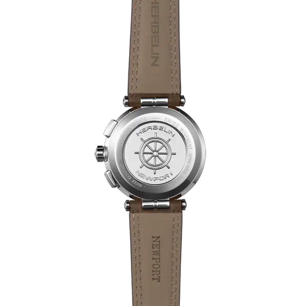 Herbelin Newport Chrono 37658AP24MA herreklokke med sort tallskive, lyse kronografer, skinnrem og quartzverk.