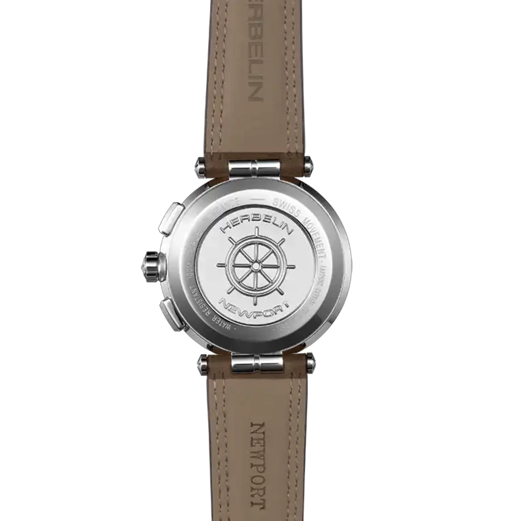 Herbelin Newport Chrono 37658AP42MA herreklokke i stål med sølvfarget skive, brun skinnrem og quartzverk.