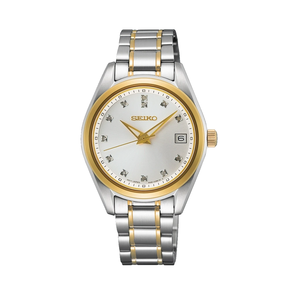 Seiko Ladies SUR582P1 dameklokke på 28 mm i tofarget stål med hvit skive og lenke. 