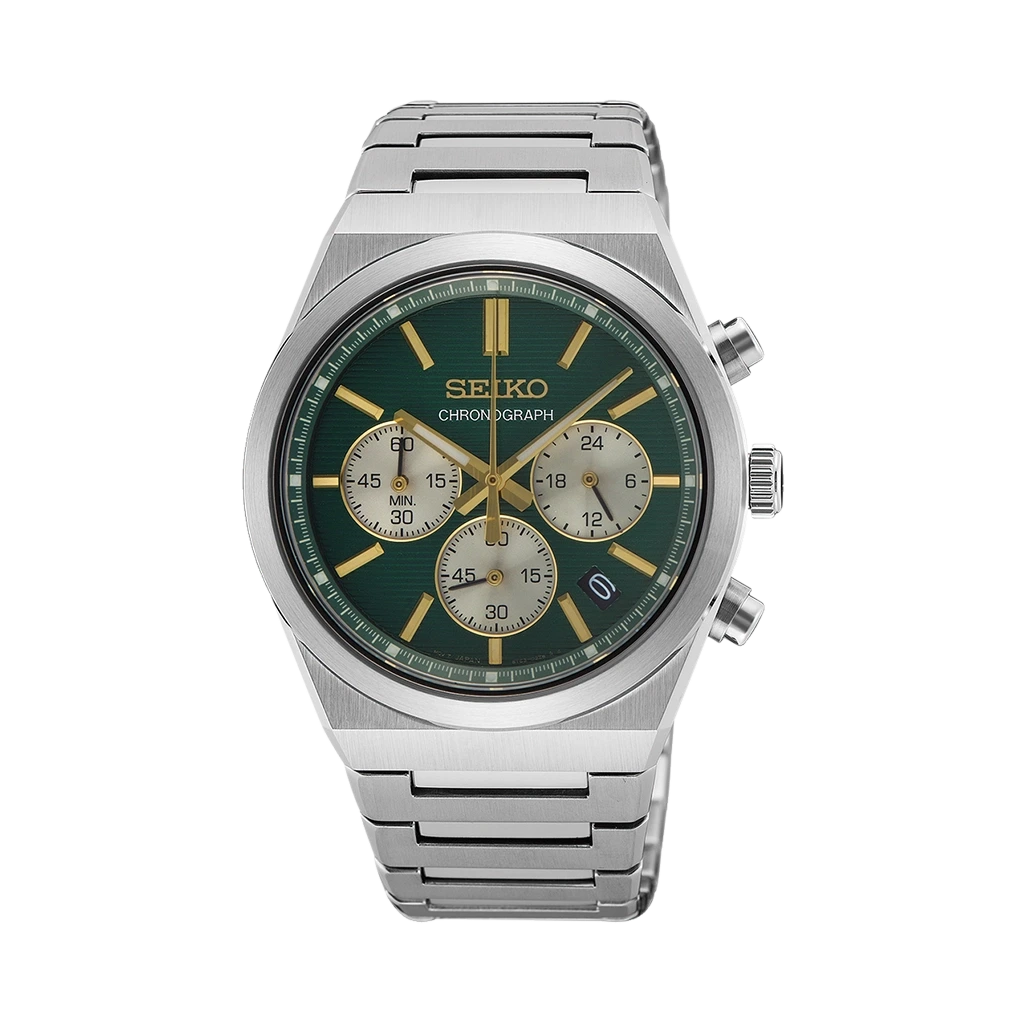 Seiko herreklokke med chronograph, quartzverk og stållenke med foldelås
