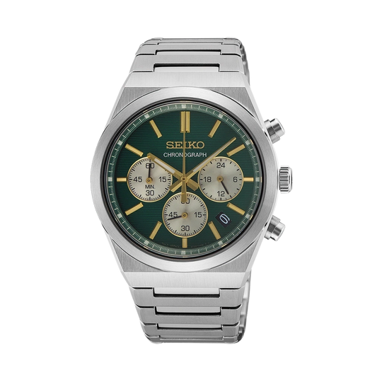 Seiko herreklokke med chronograph, quartzverk og stållenke med foldelås