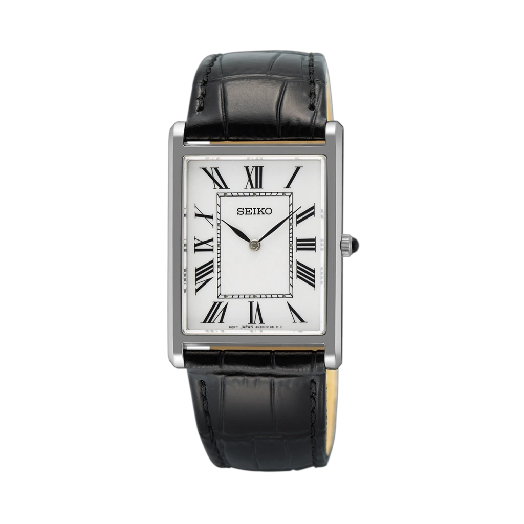 Seiko Mens SWR103P1 27 mm i stål med skinnrem og hvit skive med romertall.