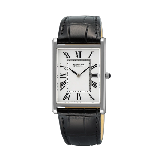 Seiko Mens SWR103P1 27 mm i stål med skinnrem og hvit skive med romertall.