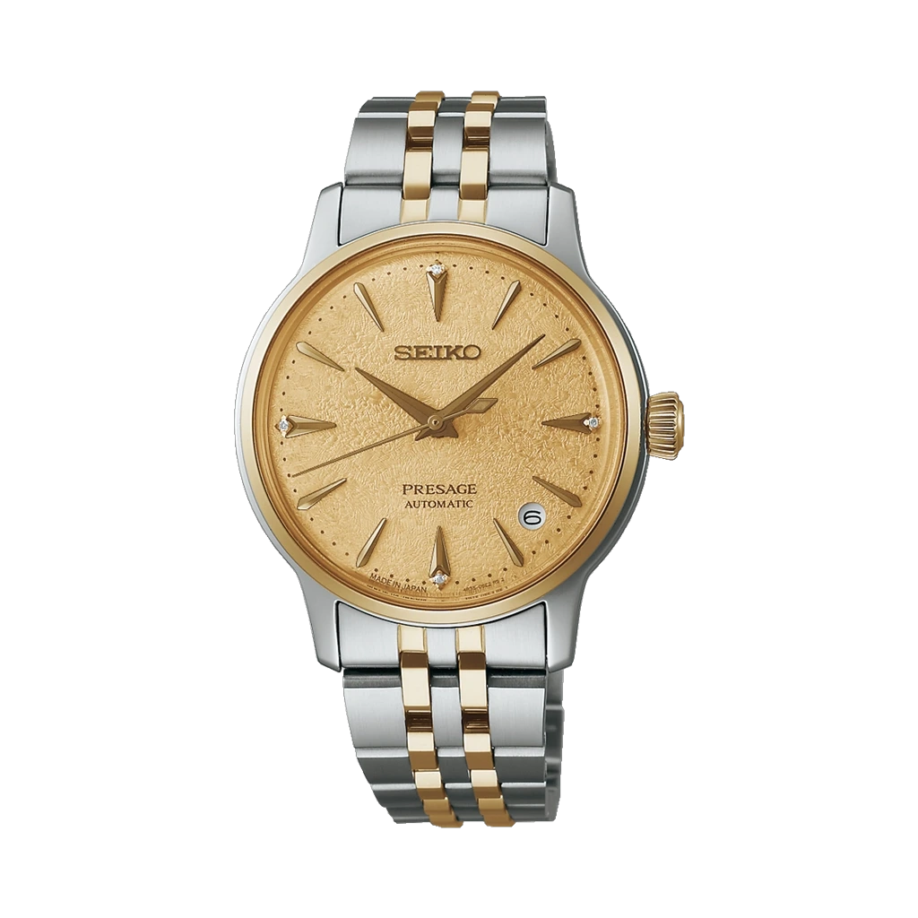 Seiko Presage Cocktail Time SRPL64J1 dameklokke på 34 mm i tofarget stål med champagnefarget tallskive
