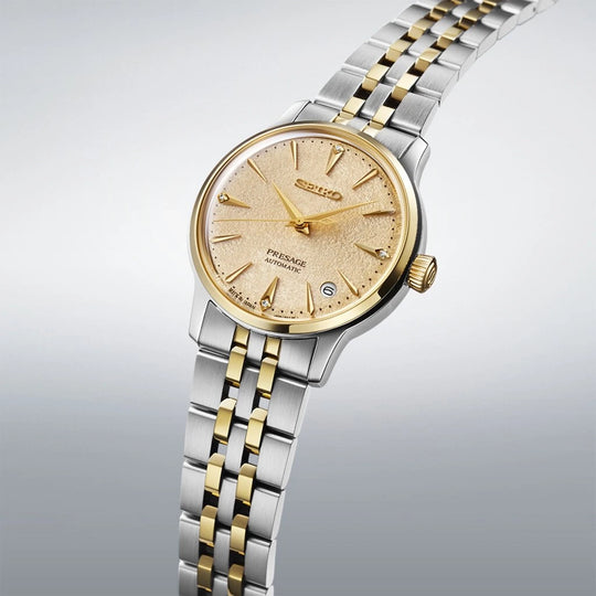 Seiko Presage Cocktail Time SRPL64J1 dameklokke på 34 mm i tofarget stål med champagnefarget tallskive