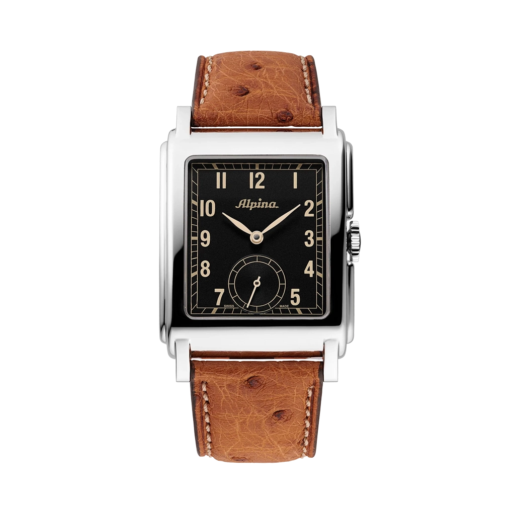Alpina Heritage Carrée er en rektangulær herreklokke på 39 mm med vintage design og automatisk verk. Rem av strutseskinn.
