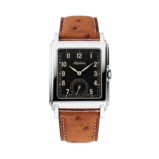 Alpina Heritage Carrée er en rektangulær herreklokke på 39 mm med vintage design og automatisk verk. Rem av strutseskinn.