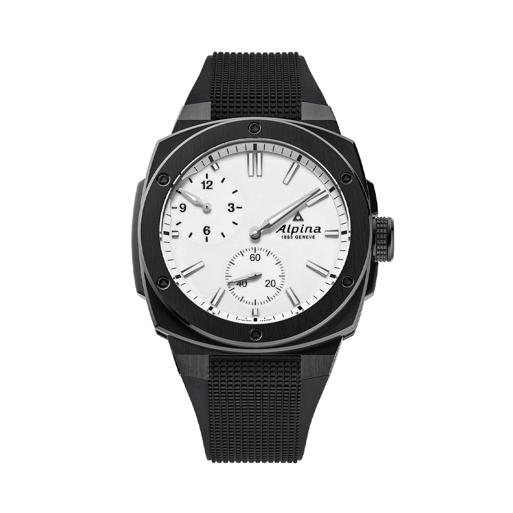 Alpina Alpiner med regulator gir time-, minutt- og sekundvisere hver sin visning på hvit tallskive. Sort gummirem. 200 meter vanntett.