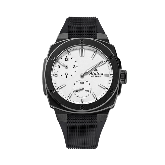 Alpina Alpiner med regulator gir time-, minutt- og sekundvisere hver sin visning på hvit tallskive. Sort gummirem. 200 meter vanntett.