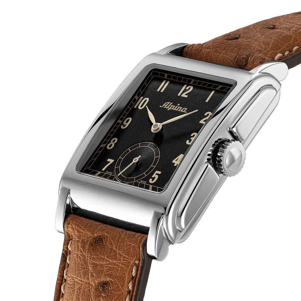 Alpina Heritage Carrée er en rektangulær herreklokke på 39 mm med vintage design og automatisk verk. Rem av strutseskinn.