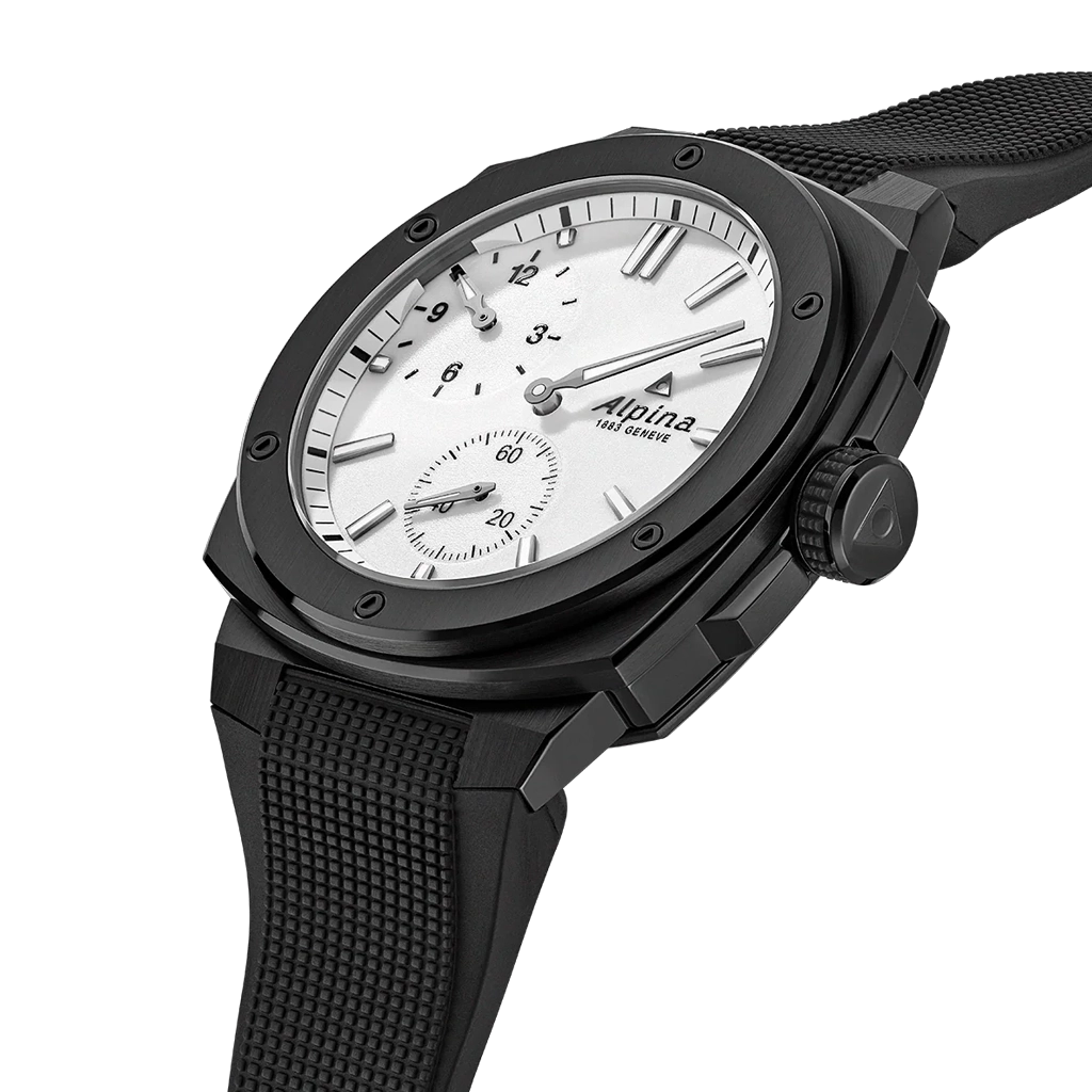Alpina Alpiner med regulator gir time-, minutt- og sekundvisere hver sin visning på hvit tallskive. Sort gummirem. 200 meter vanntett.