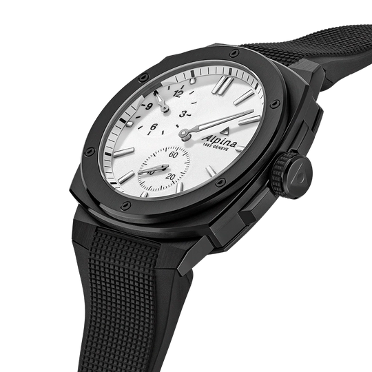 Alpina Alpiner med regulator gir time-, minutt- og sekundvisere hver sin visning på hvit tallskive. Sort gummirem. 200 meter vanntett.