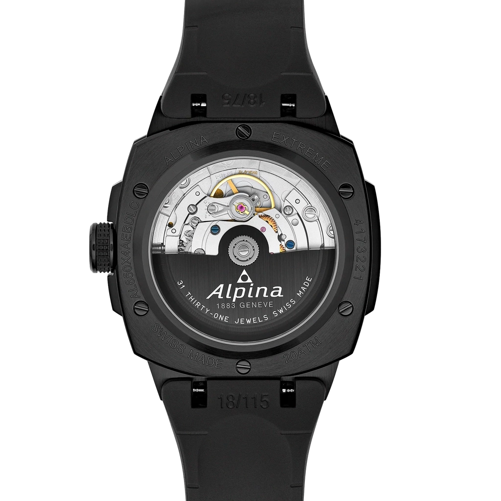 Alpina Alpiner med regulator gir time-, minutt- og sekundvisere hver sin visning på hvit tallskive. Sort gummirem. 200 meter vanntett.