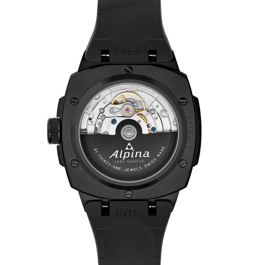 Alpina Alpiner med regulator gir time-, minutt- og sekundvisere hver sin visning på hvit tallskive. Sort gummirem. 200 meter vanntett.