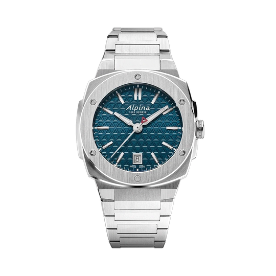 Alpina Alpiner Extreme Quartz på 35,2 mm med kasse og lenke i stål og blå skive.