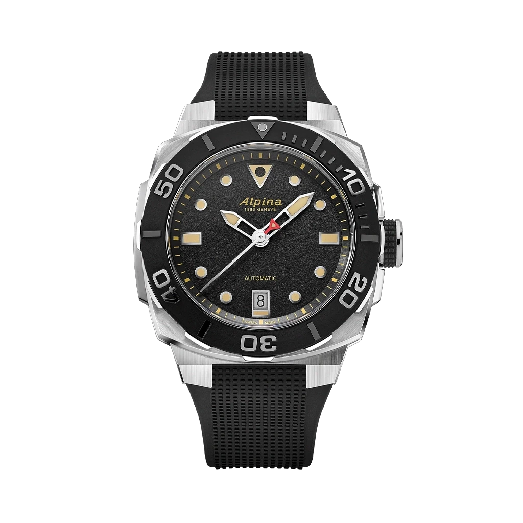 Alpina Seastrong Diver til herre med sort skive, sort gummirem og automatisk verk. 300 m vanntett.